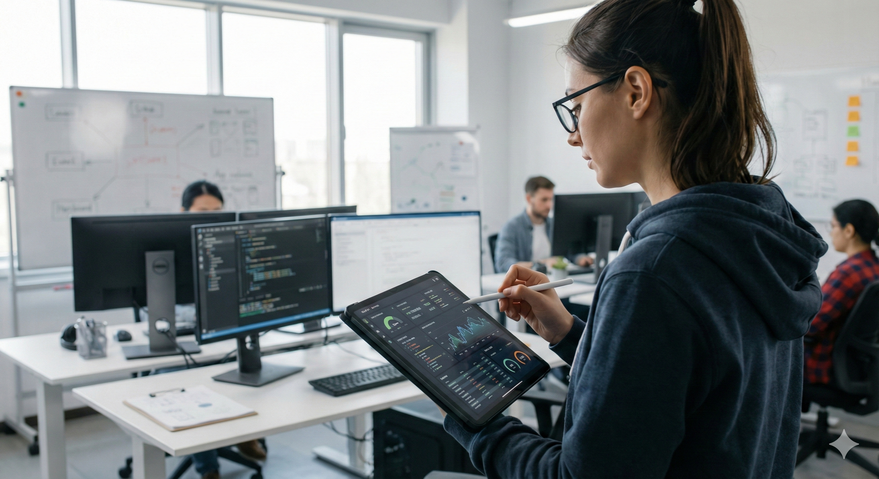 Engineer holding a tablet displaying analytics